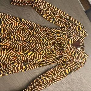 Alexis Brown and Yellow Patterned Midi Dress